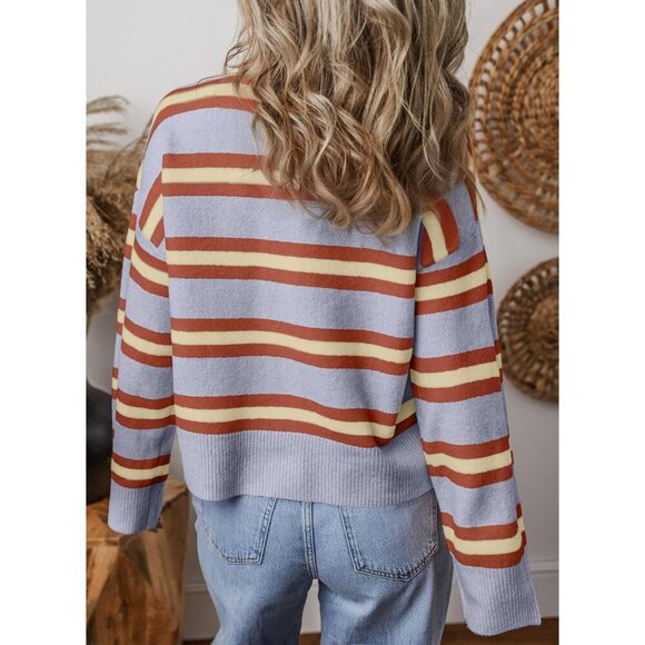 Women's Striped Cotton Cropped Cardigan Sweater Light Layer Casual Chic - Picture 2 of 5